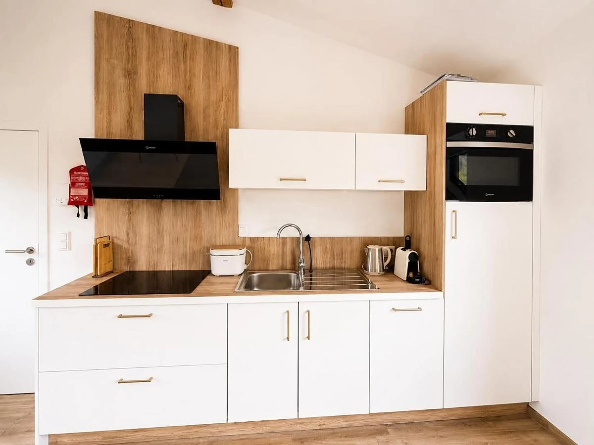 La cuisine entièrement équipée : plaques, four, hotte et évier